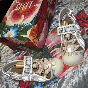 Gucci Tinsel Leather And Mesh Sandals In White
